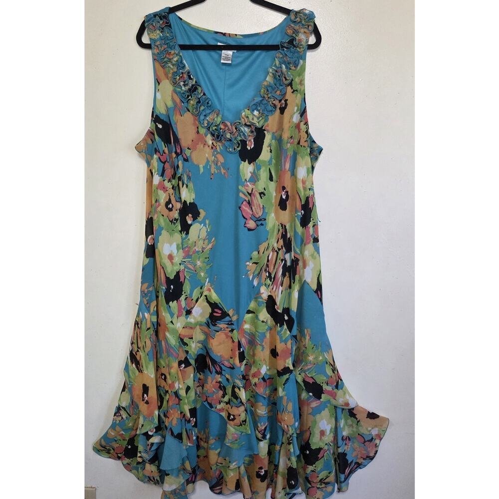 Amanda Lane Floral Tropical Dress 24W Flowy Sheer Chiffon Lined Turquoise Orange